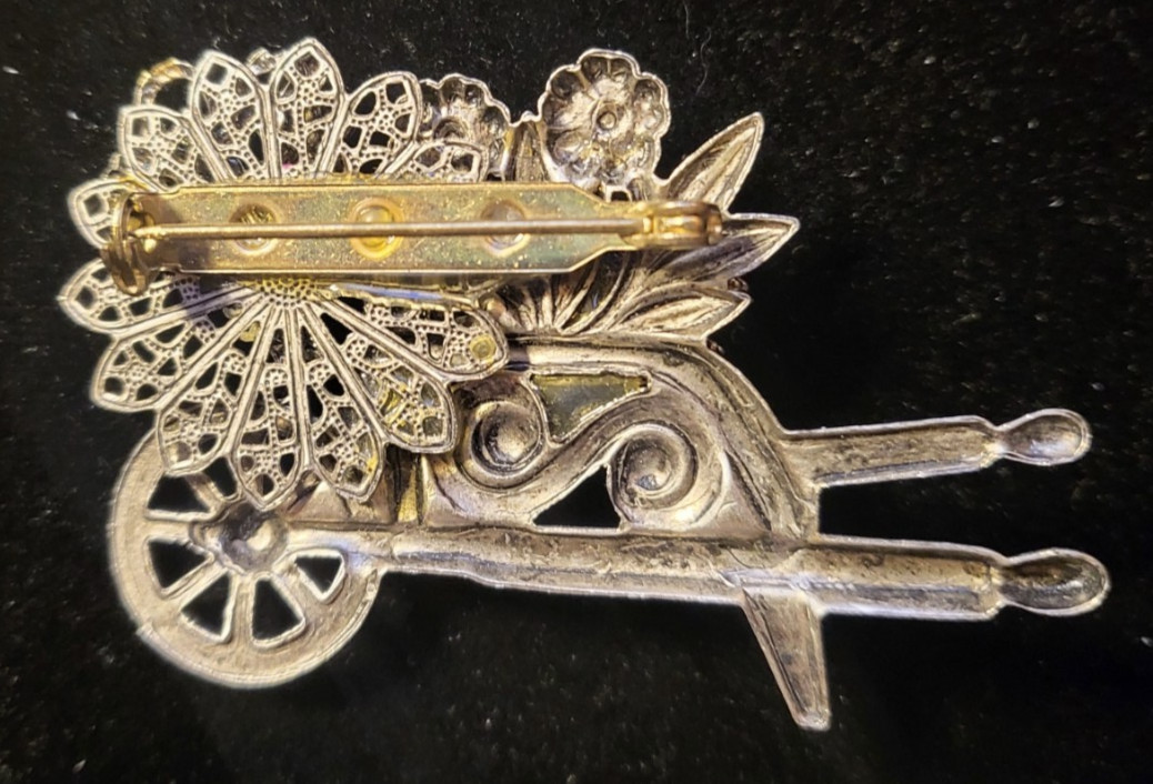 Vintage Intricate Wheelbarrow of Flowers, Pewter Tone with Rhinestones, Estate