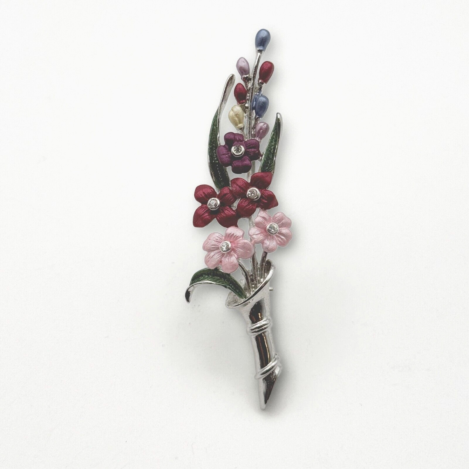 Vintage Floral Bouquet Brooch Pin Silver Tone Pink Red Purple Flowers Unsigned