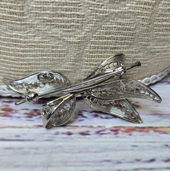 Antique Western Germany1940’s Silver Tone Filigree Bow Pin Brooch Jewelry signed