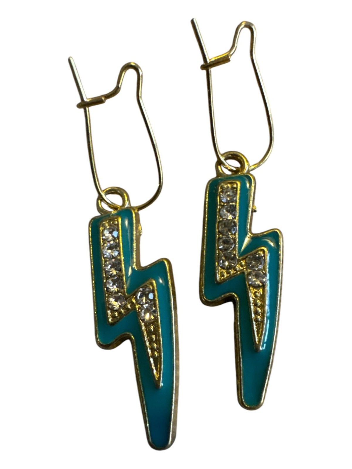 Lightning Bolt Earrings With Gold-Tone Hooks & Rhinestone Details Teal Enamel Ac
