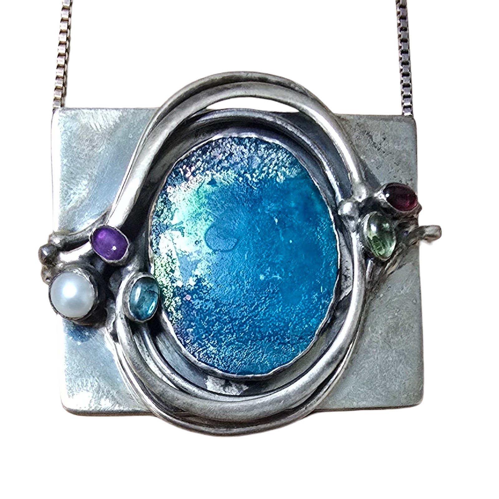 Large Mid-century Modern Signed 925 Roman Glass Necklace With Accent Stones 44g