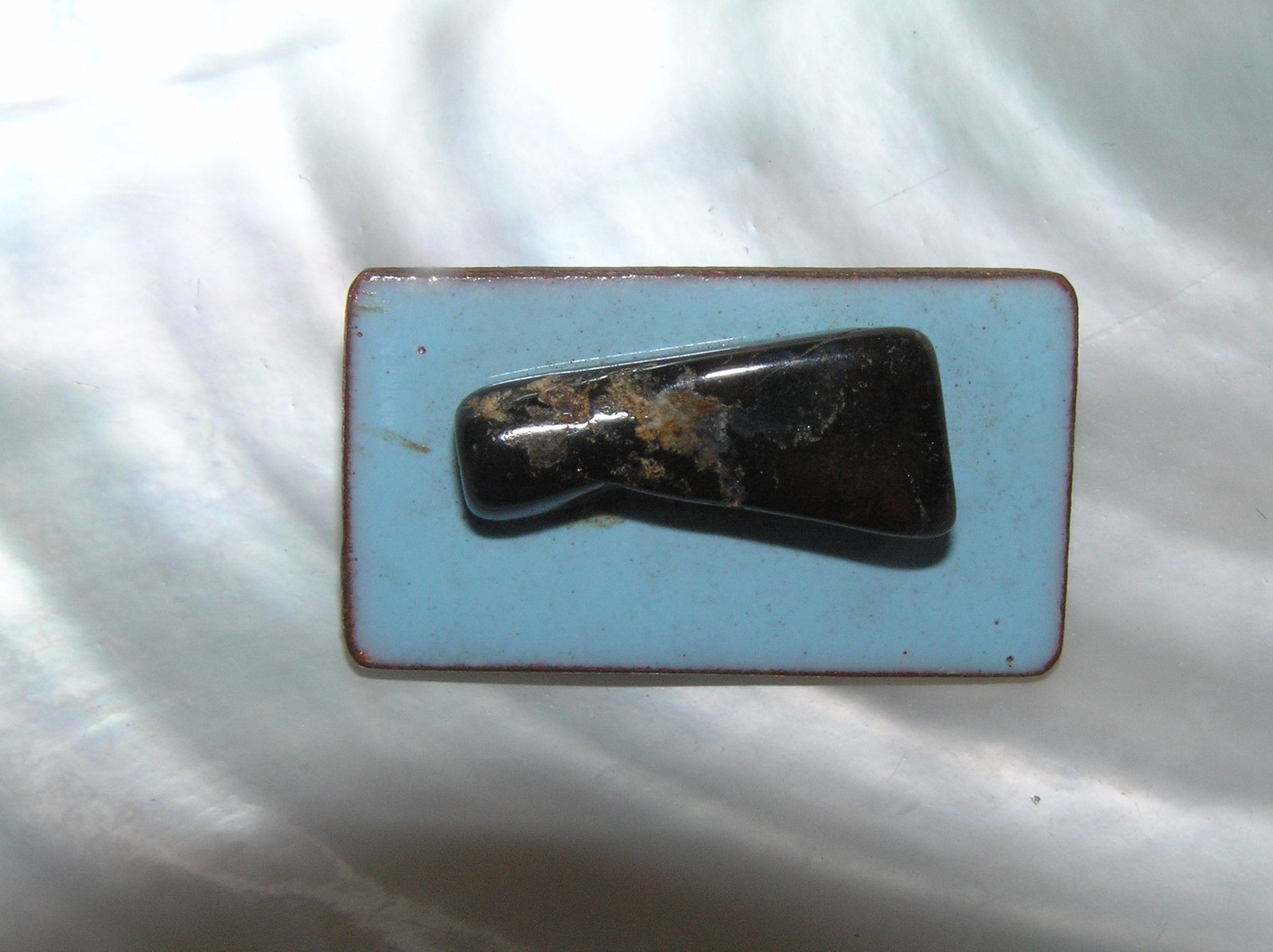 Vintage Handmade Small Light Blue Enameled Copper Rectangle w Dark Brown Stone