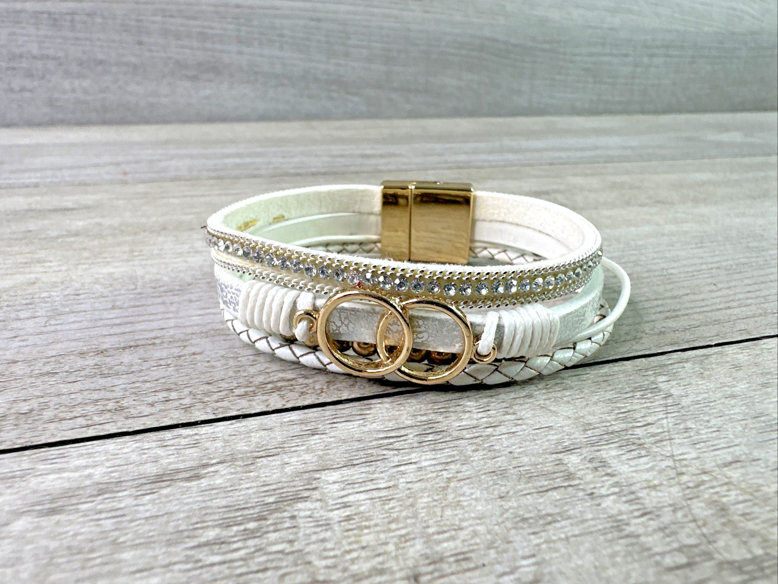 Double Circle Leather Wrap Bracelets Trendy Boho Cuff Bracelet Beads Rhinestone