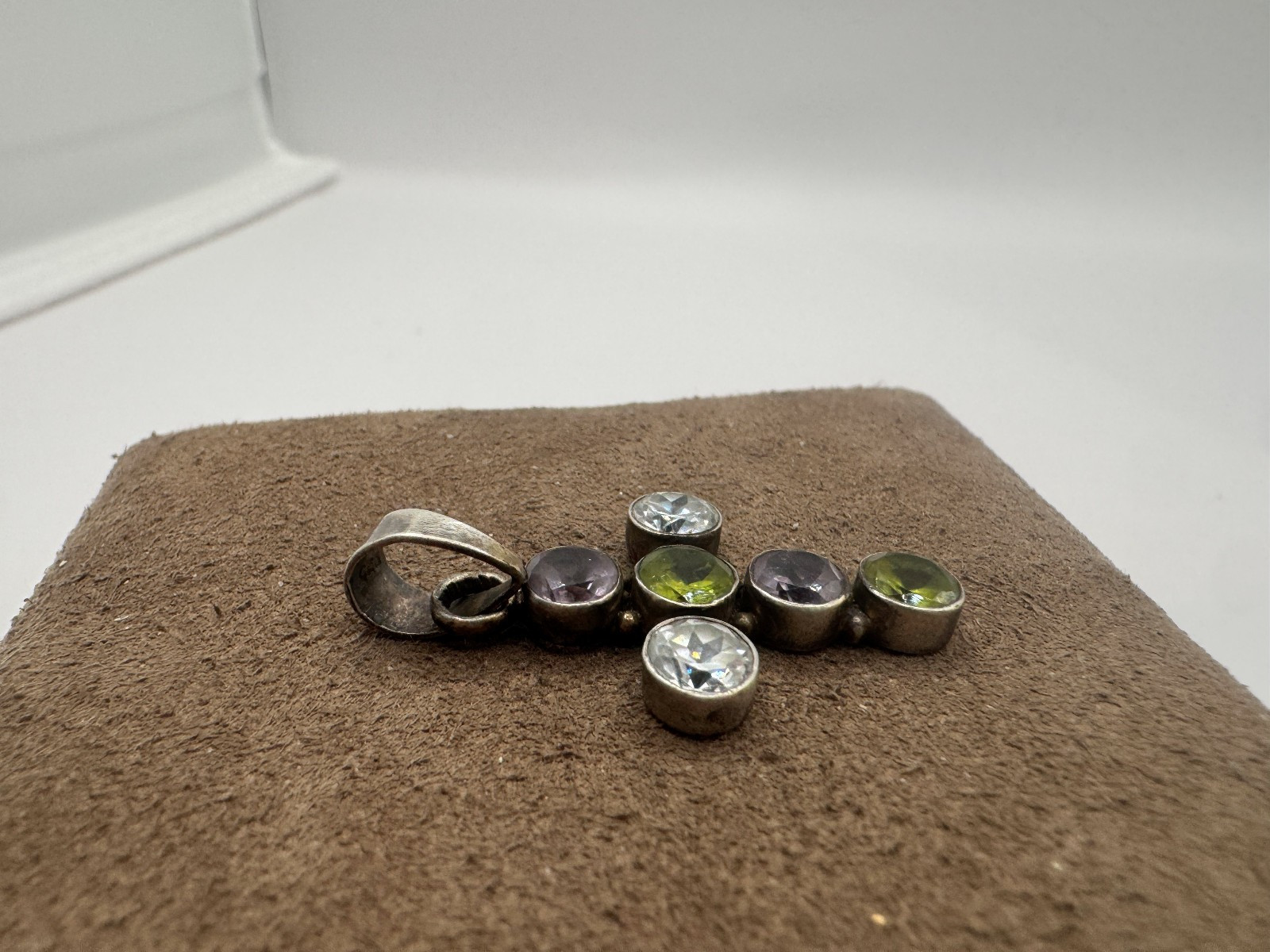 Vintage Sterling Silver Green White and Purple stone cross