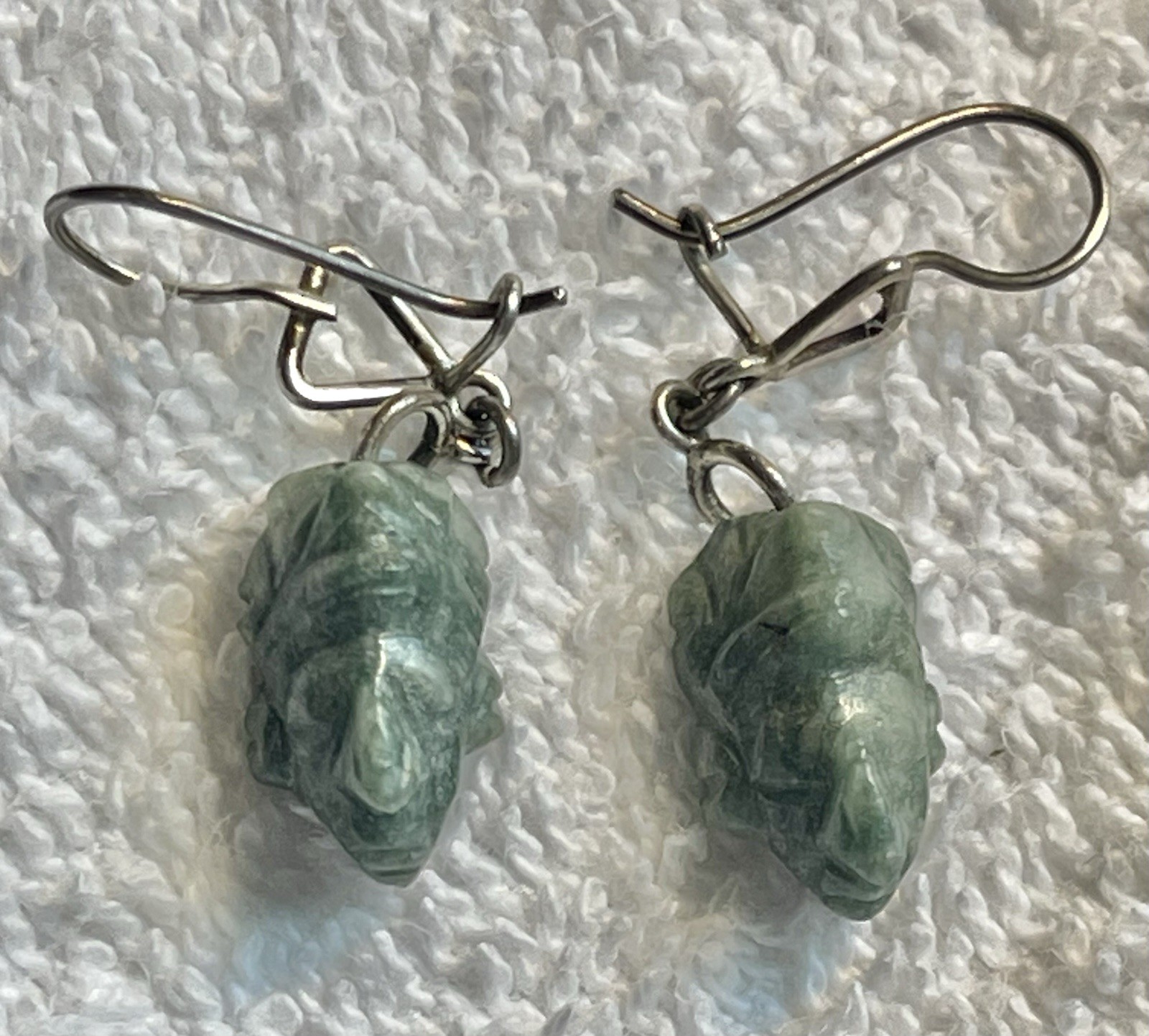Vintage Mayan Aztec Mask Head Dangle Earrings Green Face Jade (?) Stone Silver