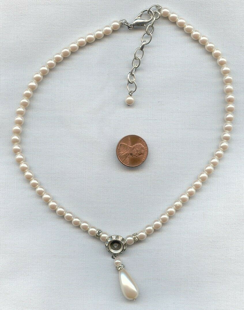 VINTAGE SILVER PEARL BEADED DROP CRYSTAL RHINESTONE RONDELLE NECKLACE D267
