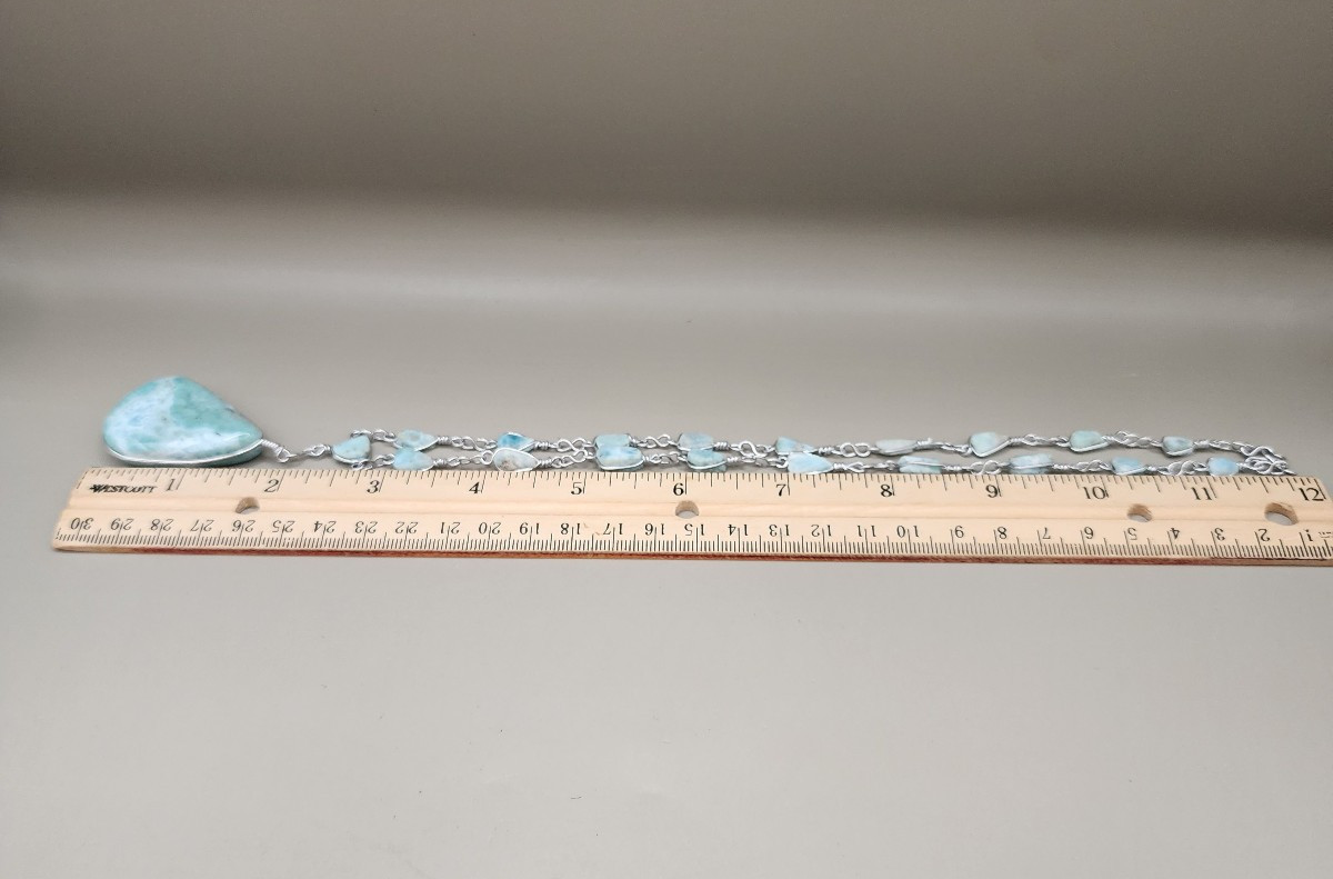 Massive Natural Larimar Teardrop Pendant Necklace Wire Wrapped Freeform Links