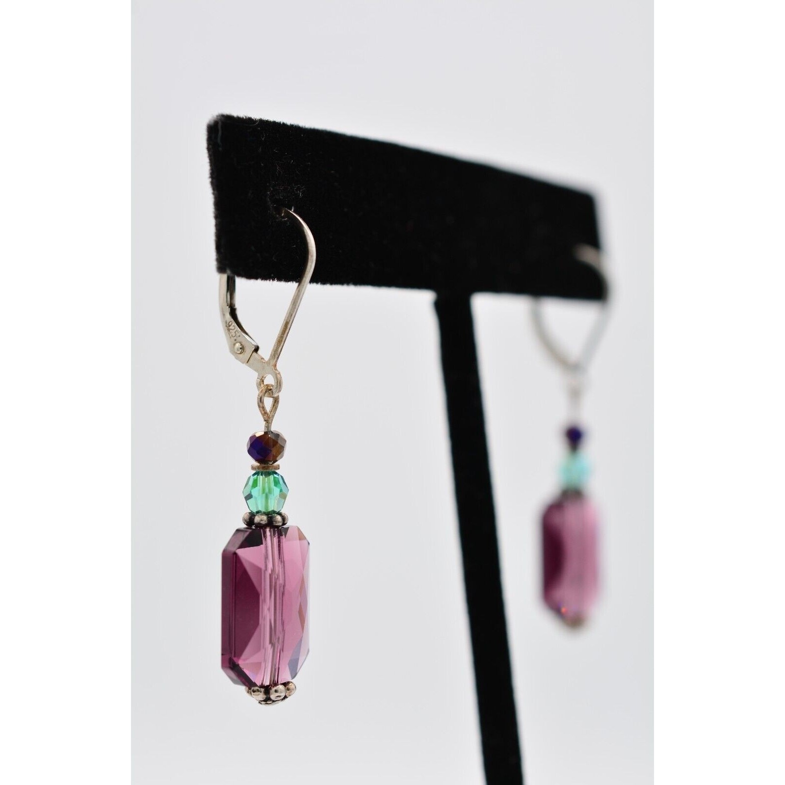 Vintage Crystal Dangle Earrings 925 Sterling Silver Purple Blue Beaded 1980s 9I