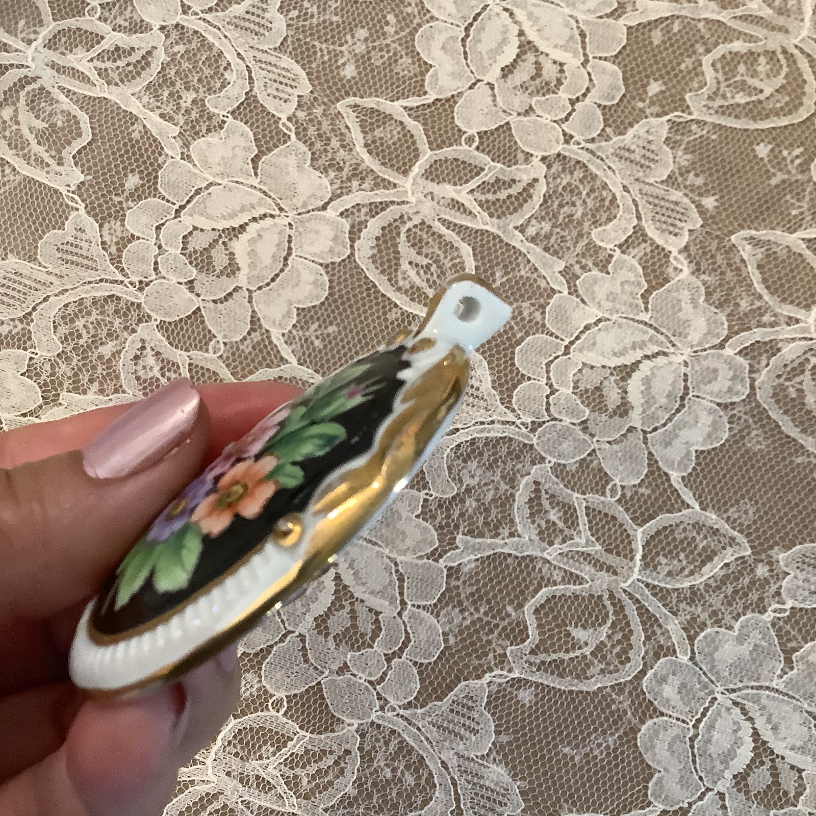 white black floral hand painted large porcelain vintage pendant 2.5″ victorian