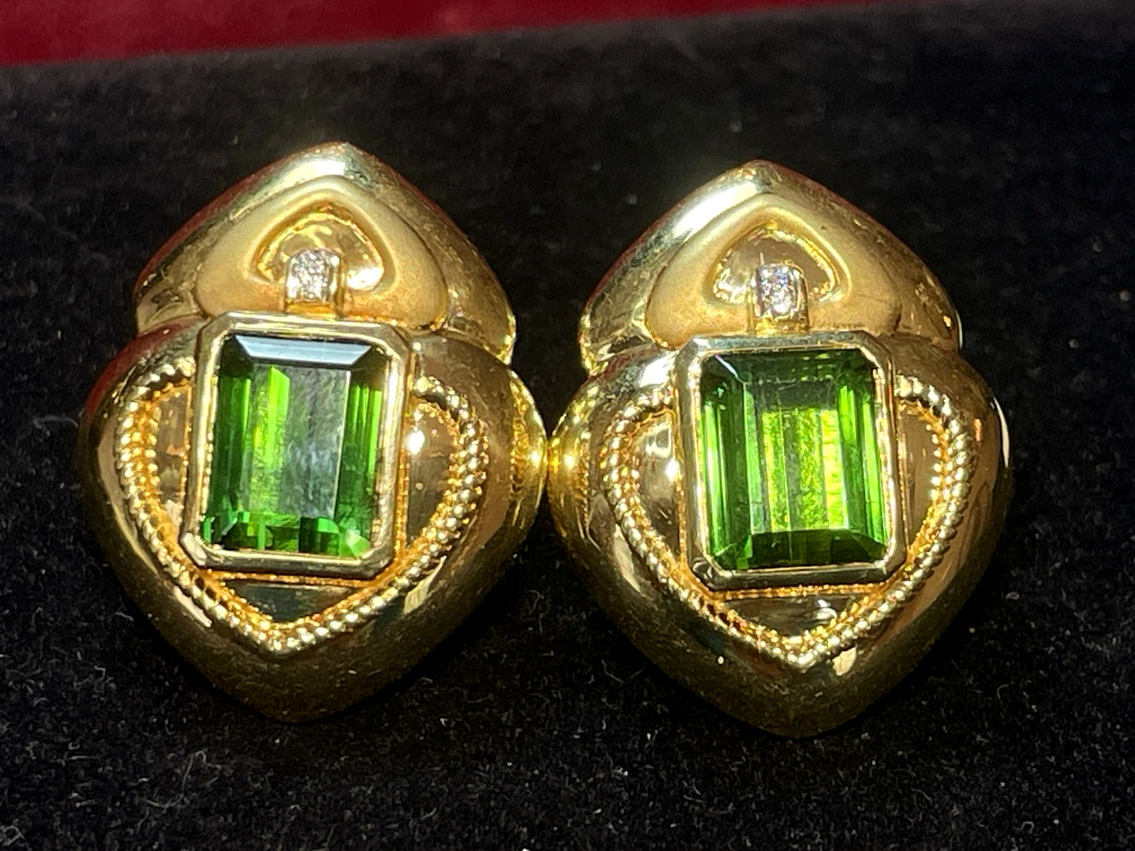 18K GOLD GREEN TOURMALINE & DIAMOND EARRINGS SIGNED OMEGA 23grs APPRAISAL $5,000