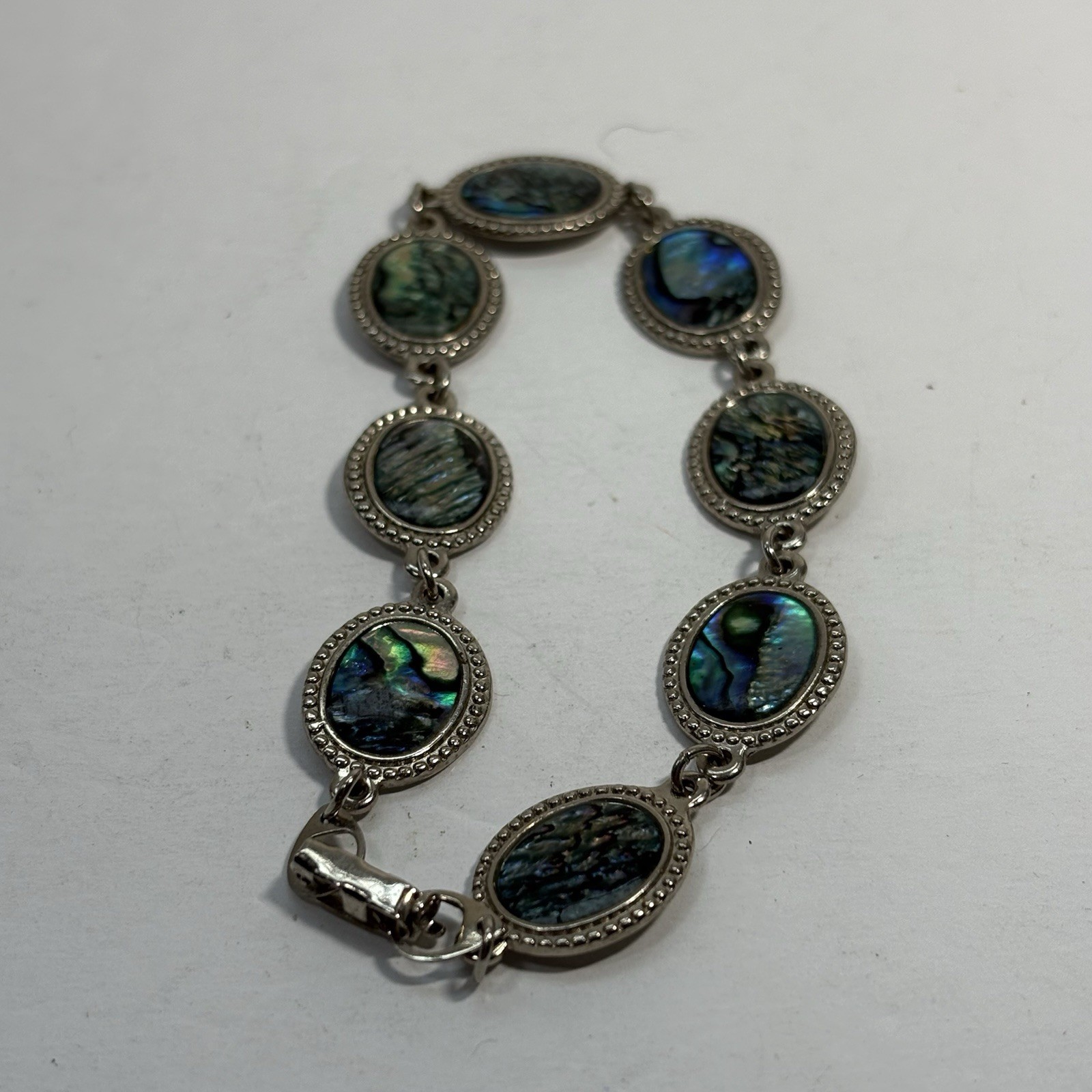Vintage Silver Tone Abalone Link Bracelet Paua Shell Oval 8″