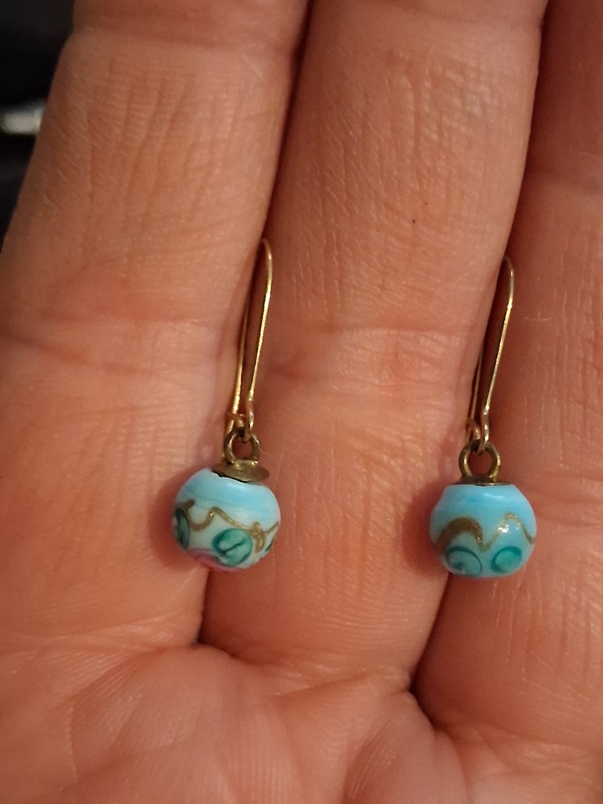 Turquoise blue lampwork bead dangle drop earrings w/pink flower, gold-plate earw
