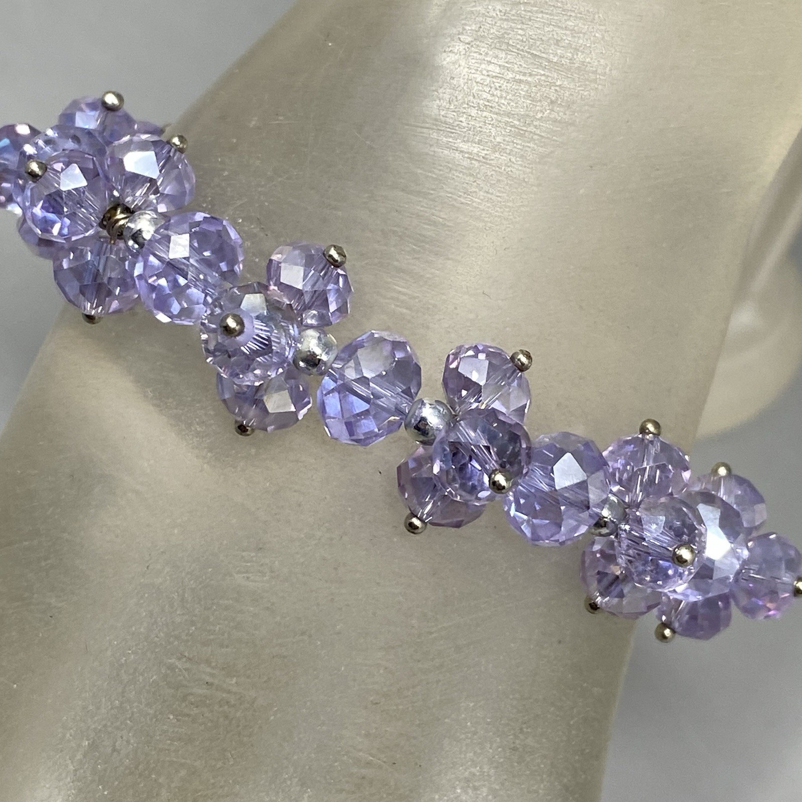 Purple Glass Bead Cluster Bracelet Stretch Fire Polished AB Coated Retro 6.75″