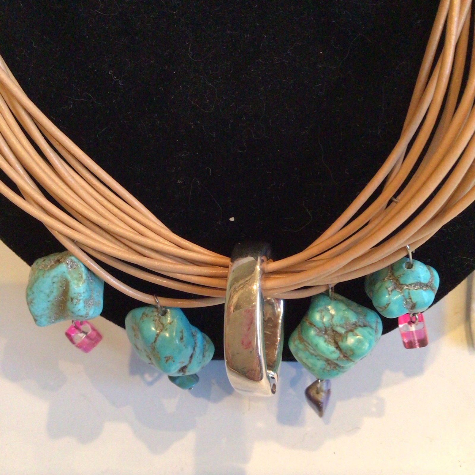 SPECIAL SEBBAG VON MUSULIN NECKLACE STERLING TURQUOISE LEATHER W PENDANT,EXTEND