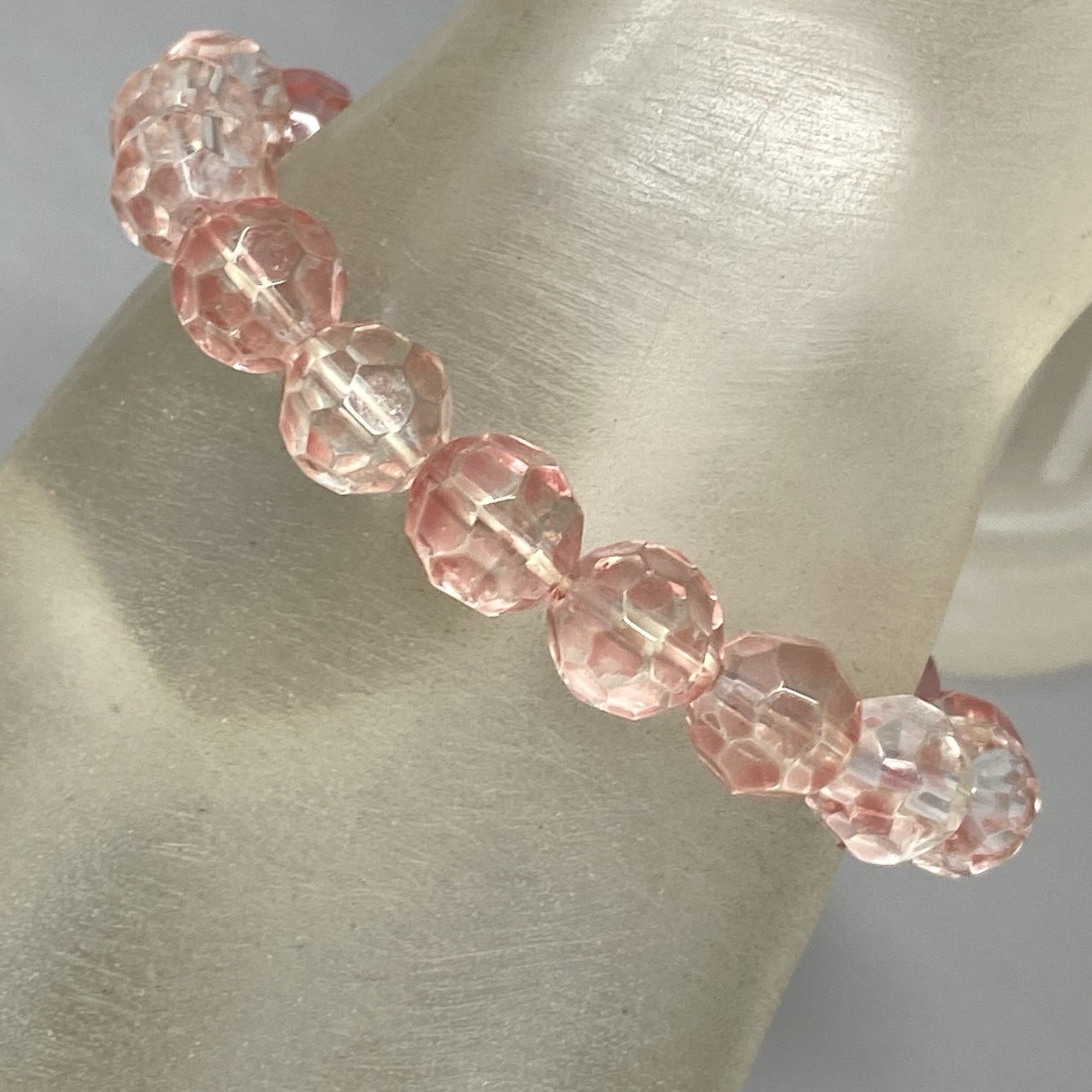 Pink Glass Beaded Bracelet Fire Polished Faceted Stretch Elastic Iridescent 6″