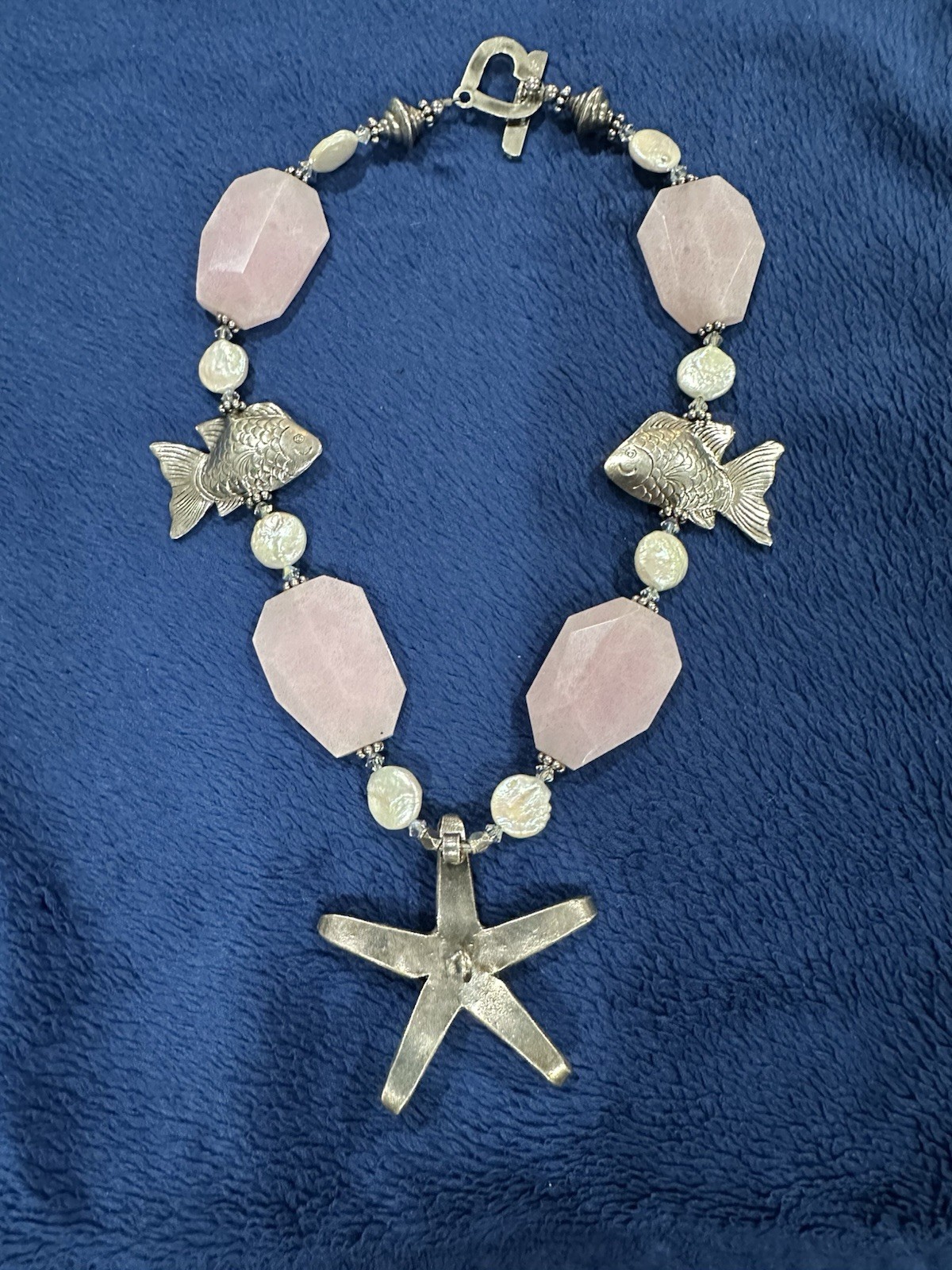 Sterling Silver 925 Rose Quartz MOP Starfish Fish Chunky Necklace, 17.5in Long