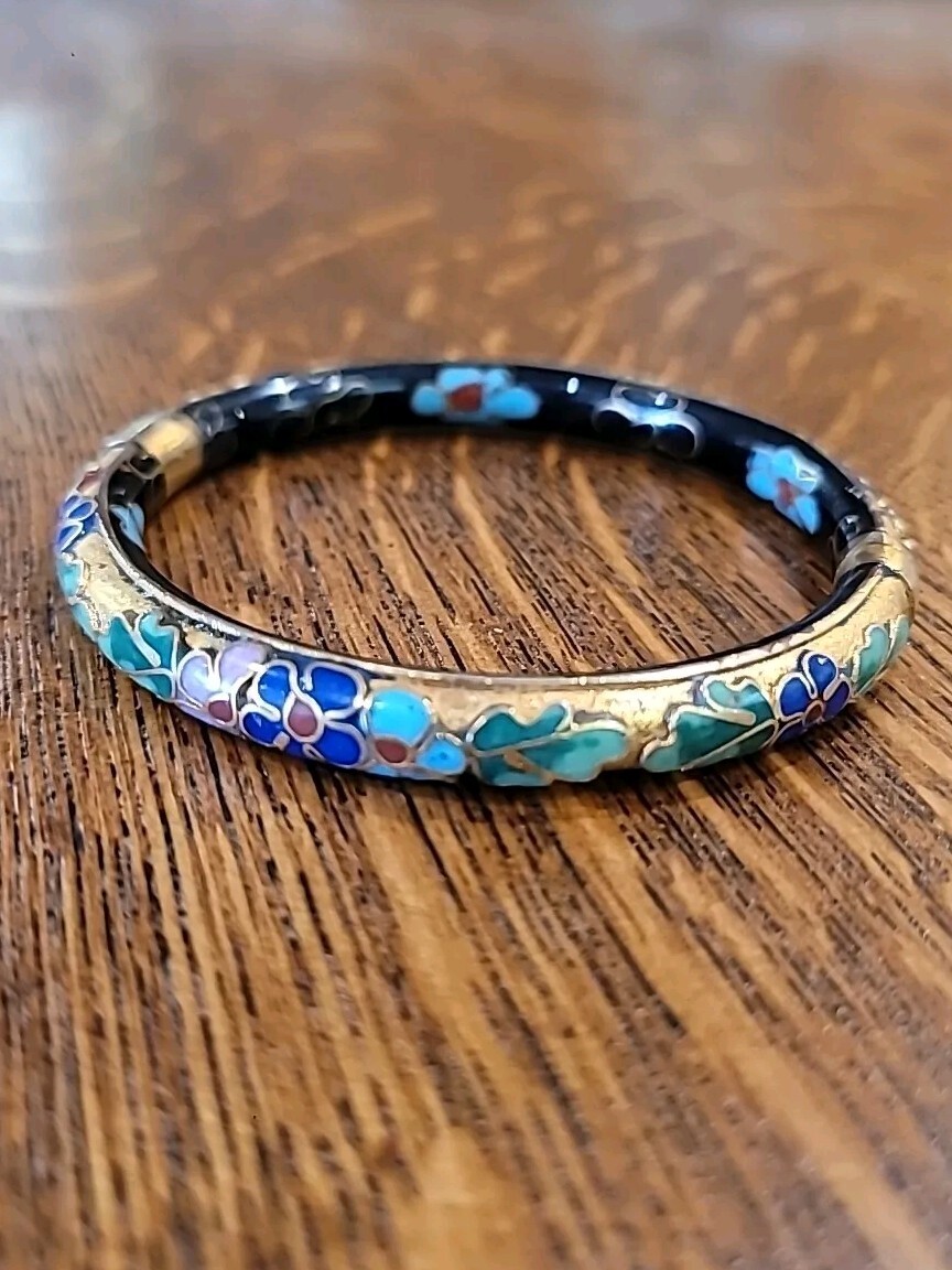 Vintage Chinese Gold Cloisonne Enamel Flowers Opening Hinged Bangle Bracelet