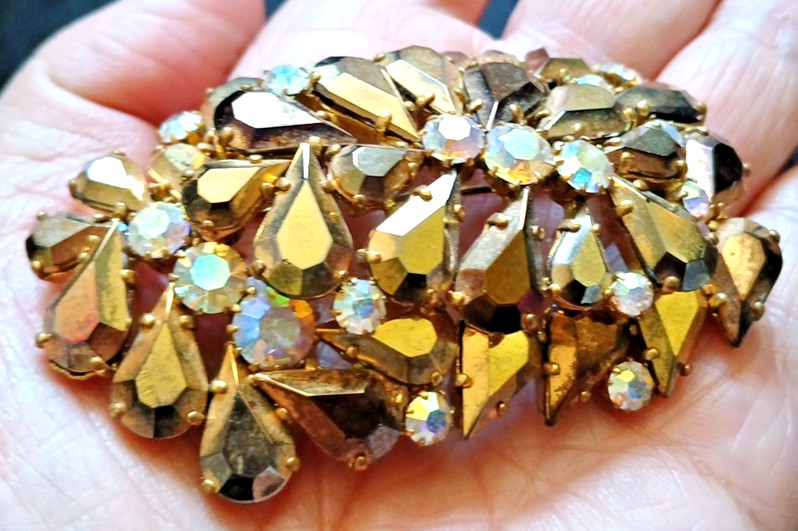 Vtg Crystal Gold Bronze Brooch Pin Lrg Rhinestones AB Openback Clasp for REPAIR