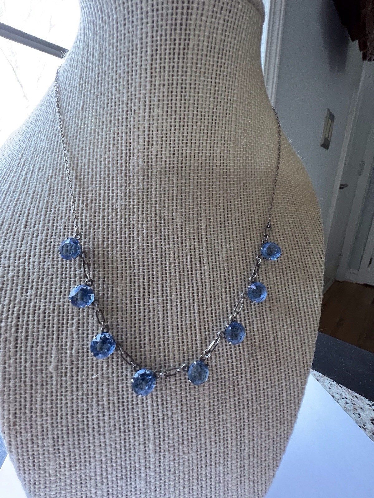 Antique Art Deco Sterling Silver Bezel Set Blue Crystal Necklace 17 Inches