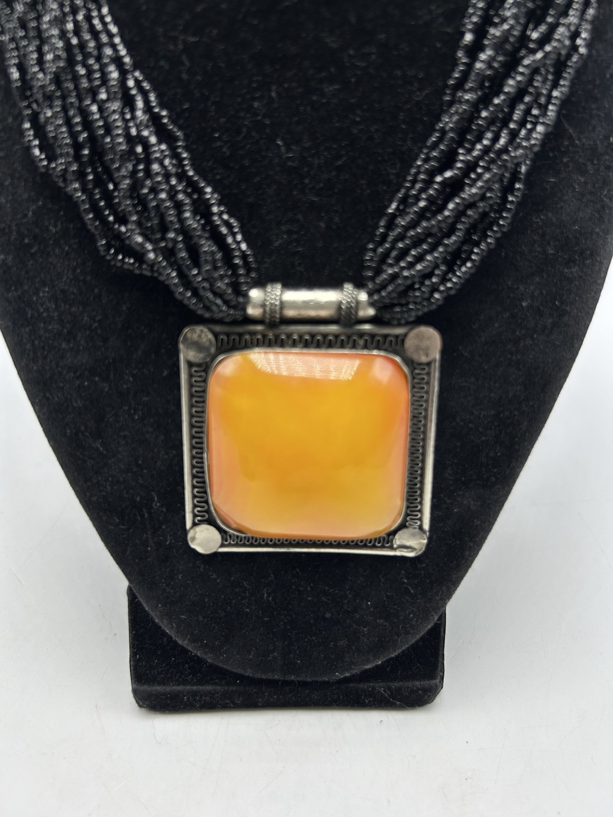 Naja Amber Resin Statement Necklace Multi Strand Black Seed Bead 2″ Pendant Read
