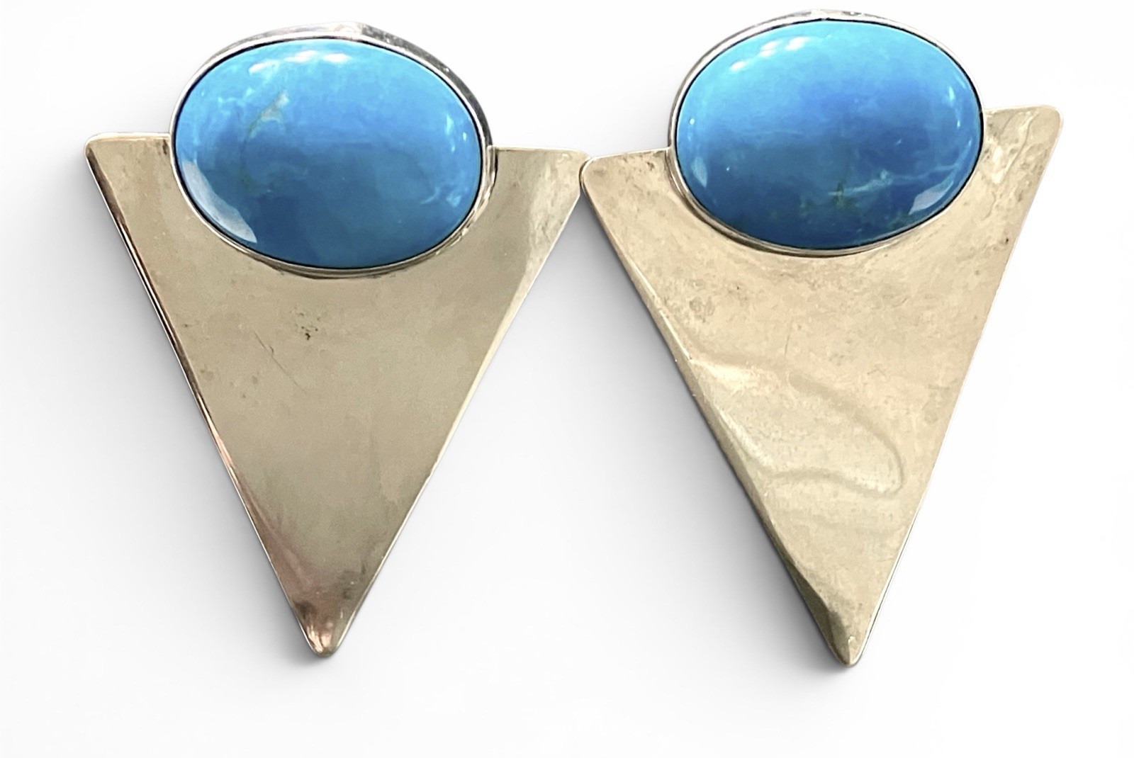 Vtg Sterling Silver Modernist Geometric Blue Cabochon Triangle Post Earrings