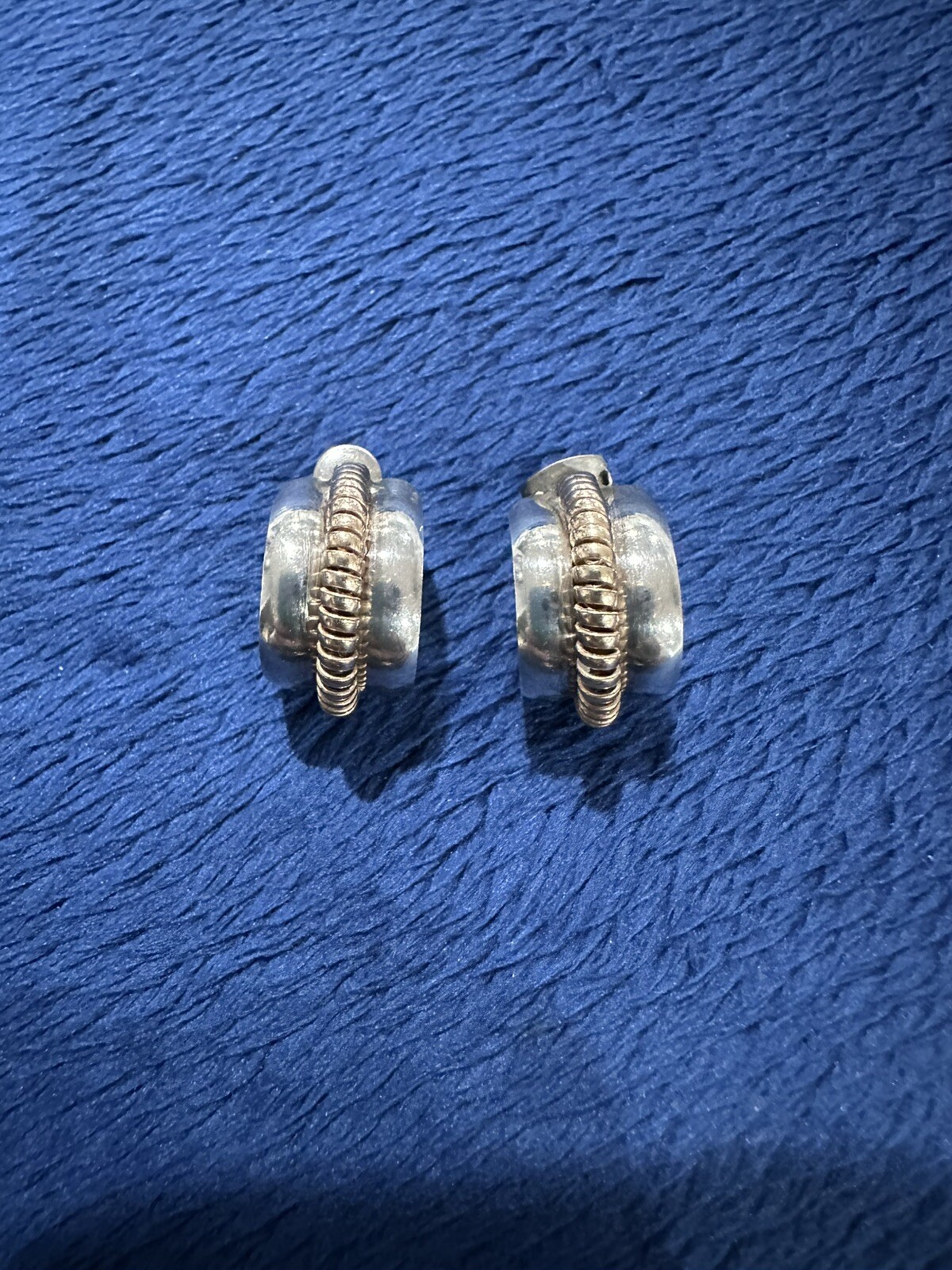 Vintage Two Tone Sterling Silver 925 & Brass Huggie Earrings, 17.5mm Long.