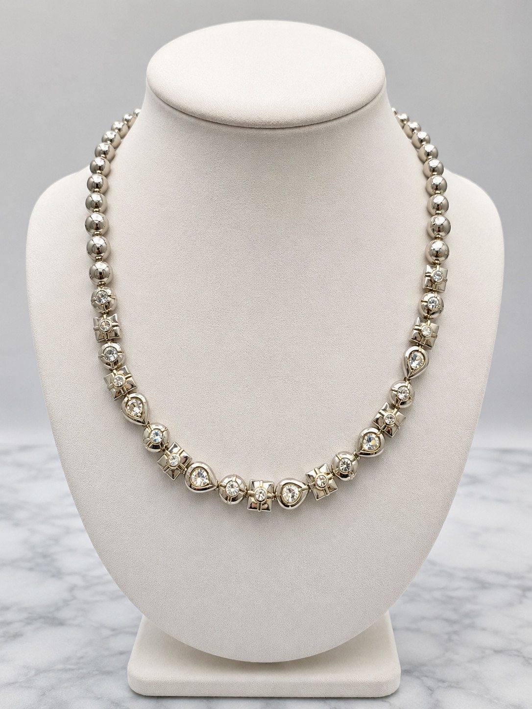 Vintage MONET Signed Two-Tone Silver/Gold Rhinestone Necklace 17″