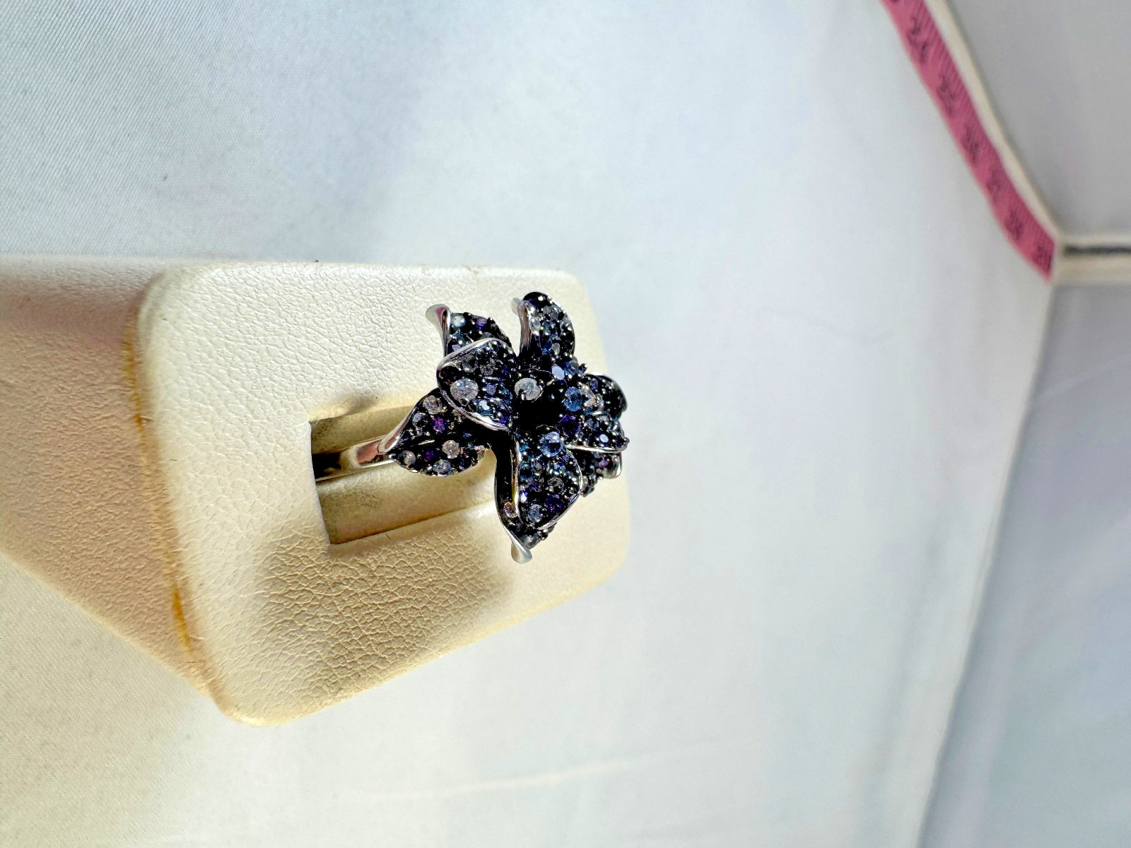Vintage BGE Blue, Purple and Clear Stone Floral ring, size 6.75