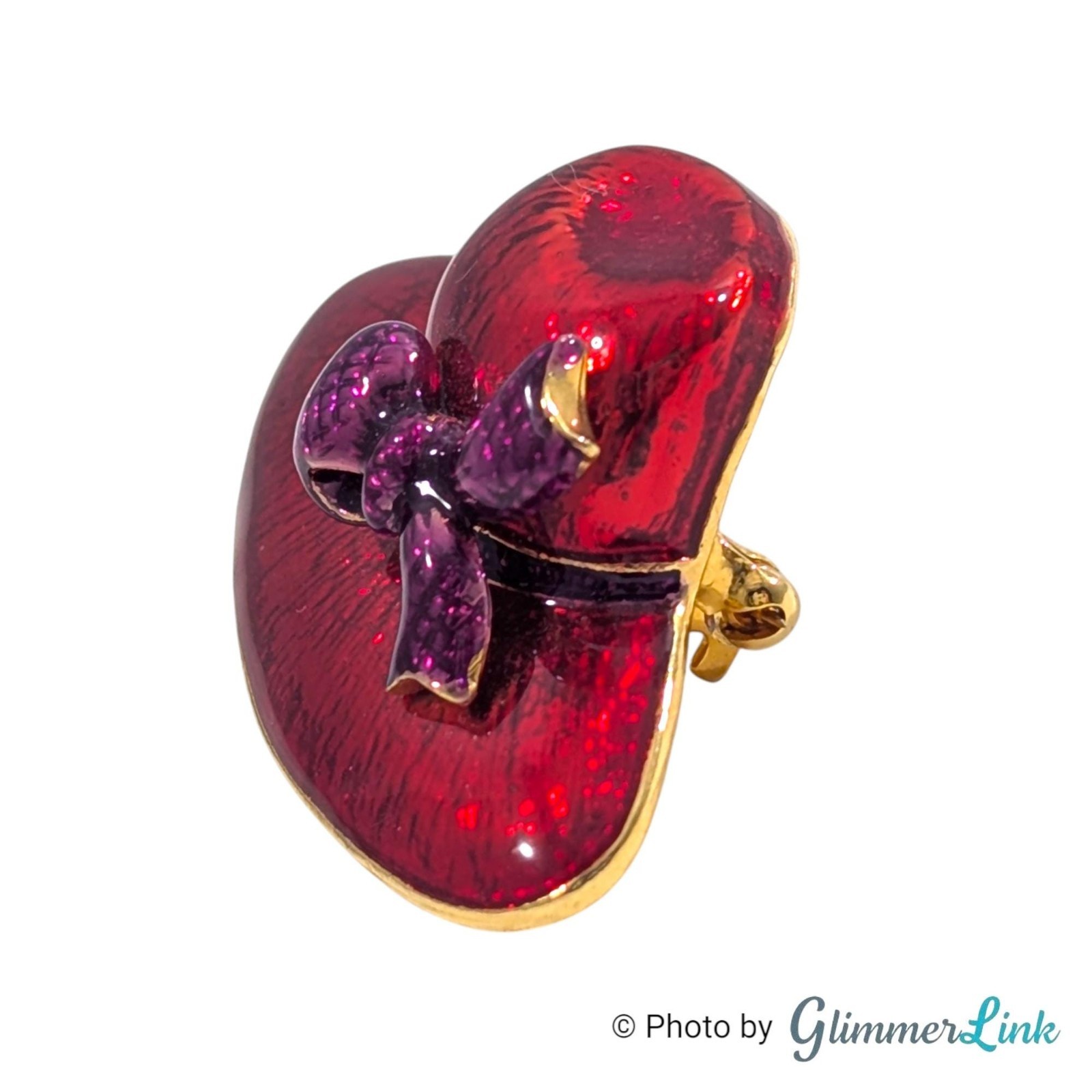 Vintage Red Enamel Hat Brooch Pendant Purple Bow Rhinestones Gold Tone