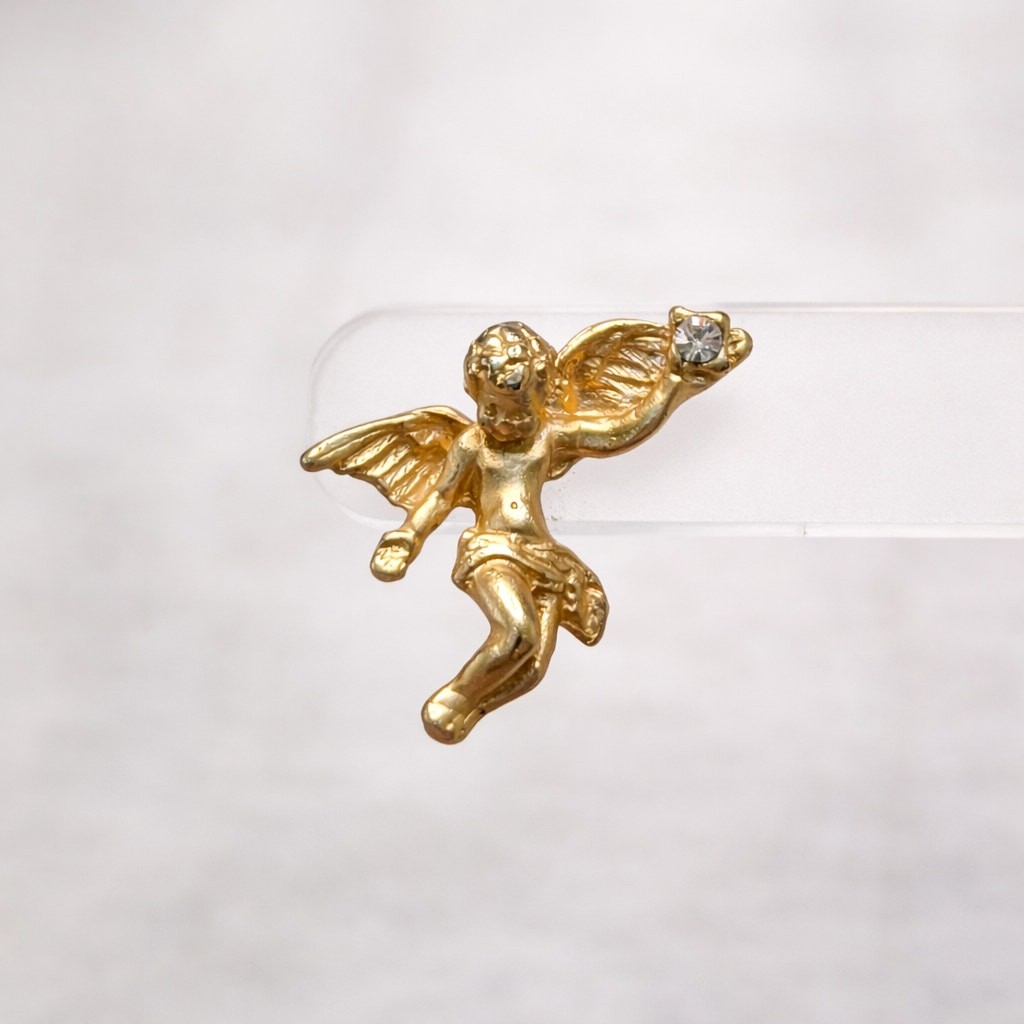 Vintage Brooch / Pin – Gold Tone with Rhinestone Cupid Angel Cherub 1 & 1/8″