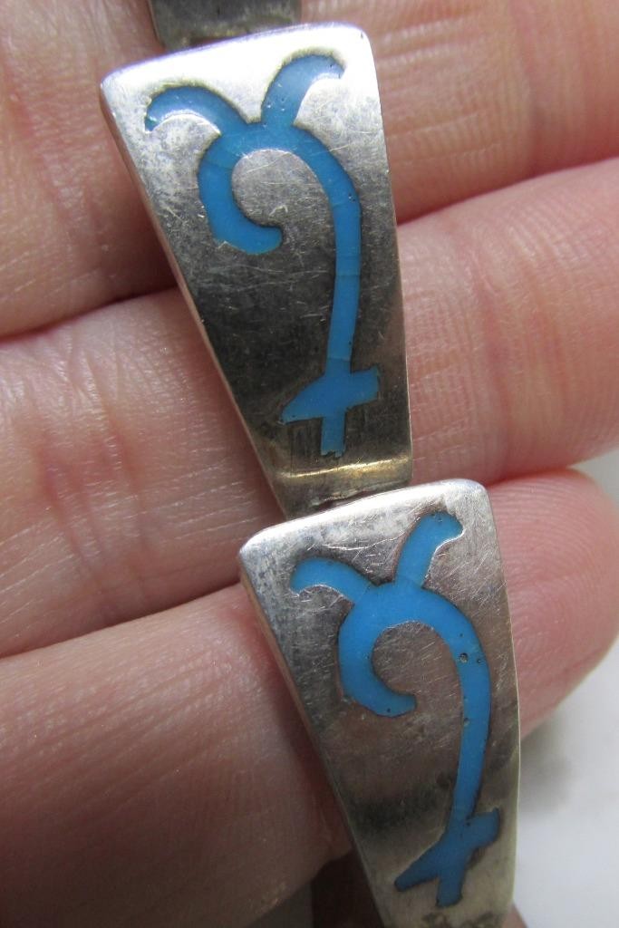 Taxco Sterling Silver Blue Enamel Design Link Bracelet ~ 7-1/4″ ~ 21g ~ 5-C436