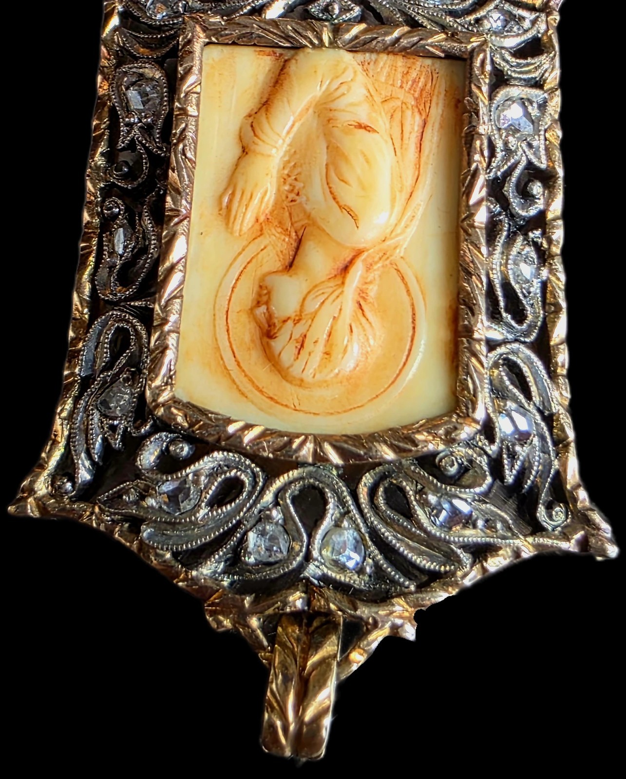 Fine Antique Art Nouveau 18K Gold Silver Diamonds Virgin Mary Pendant Ca 1900