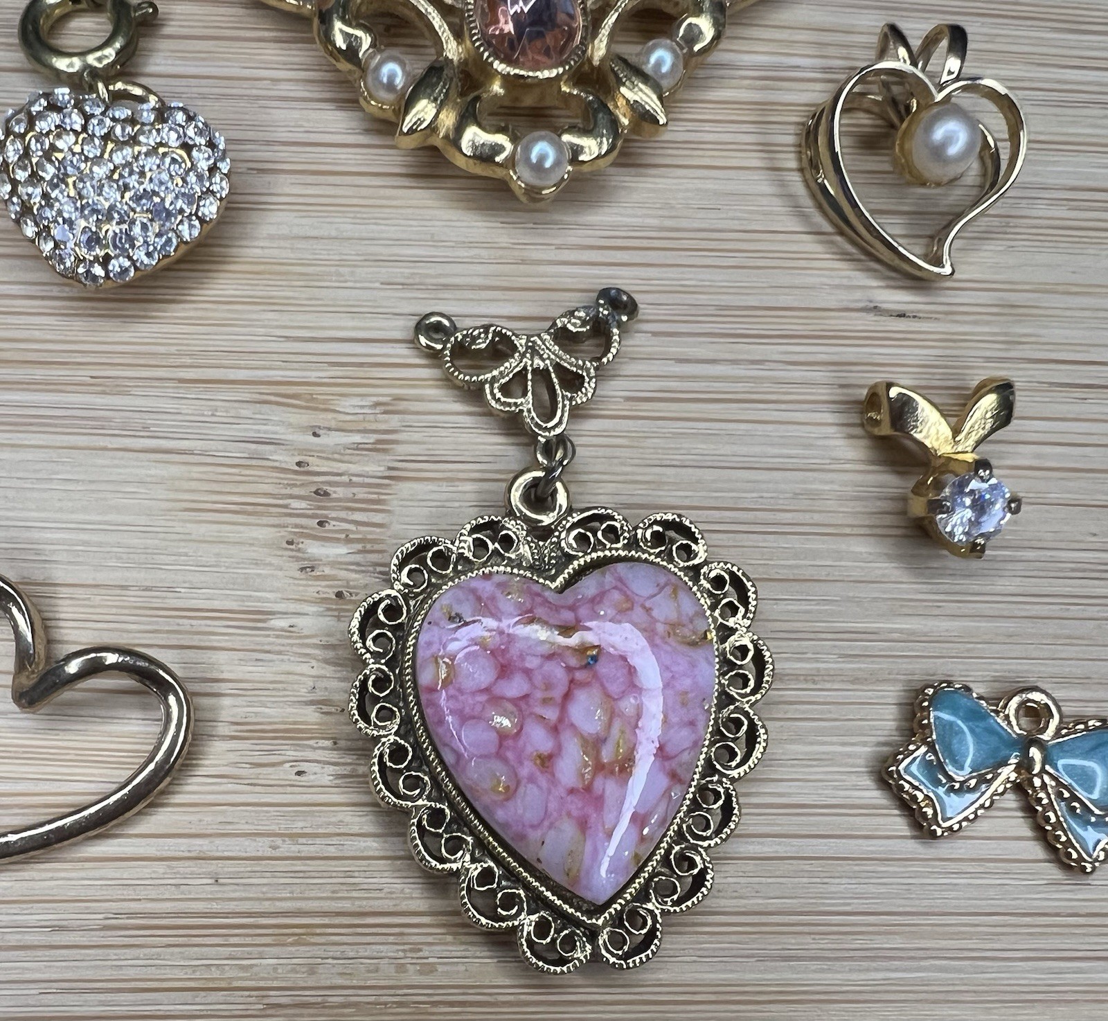 7 Pc Gold Tone Pendant Charm Lot Pink Hearts & Flowers Clear Rhinestones Dainty