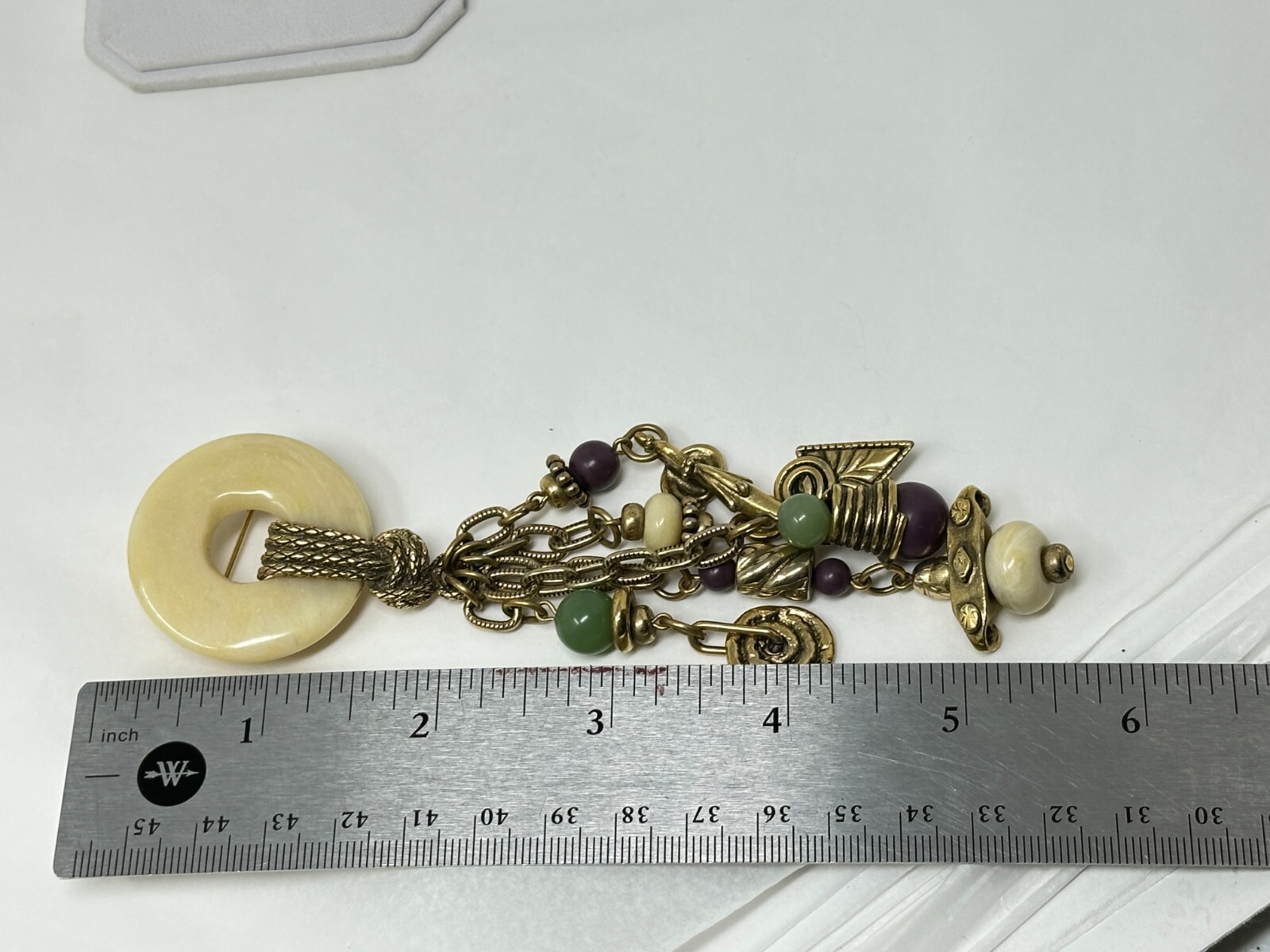 1928 Brand Goldtone Purple Cream Green Bead 5.75″ Long Fringe Brooch Pin