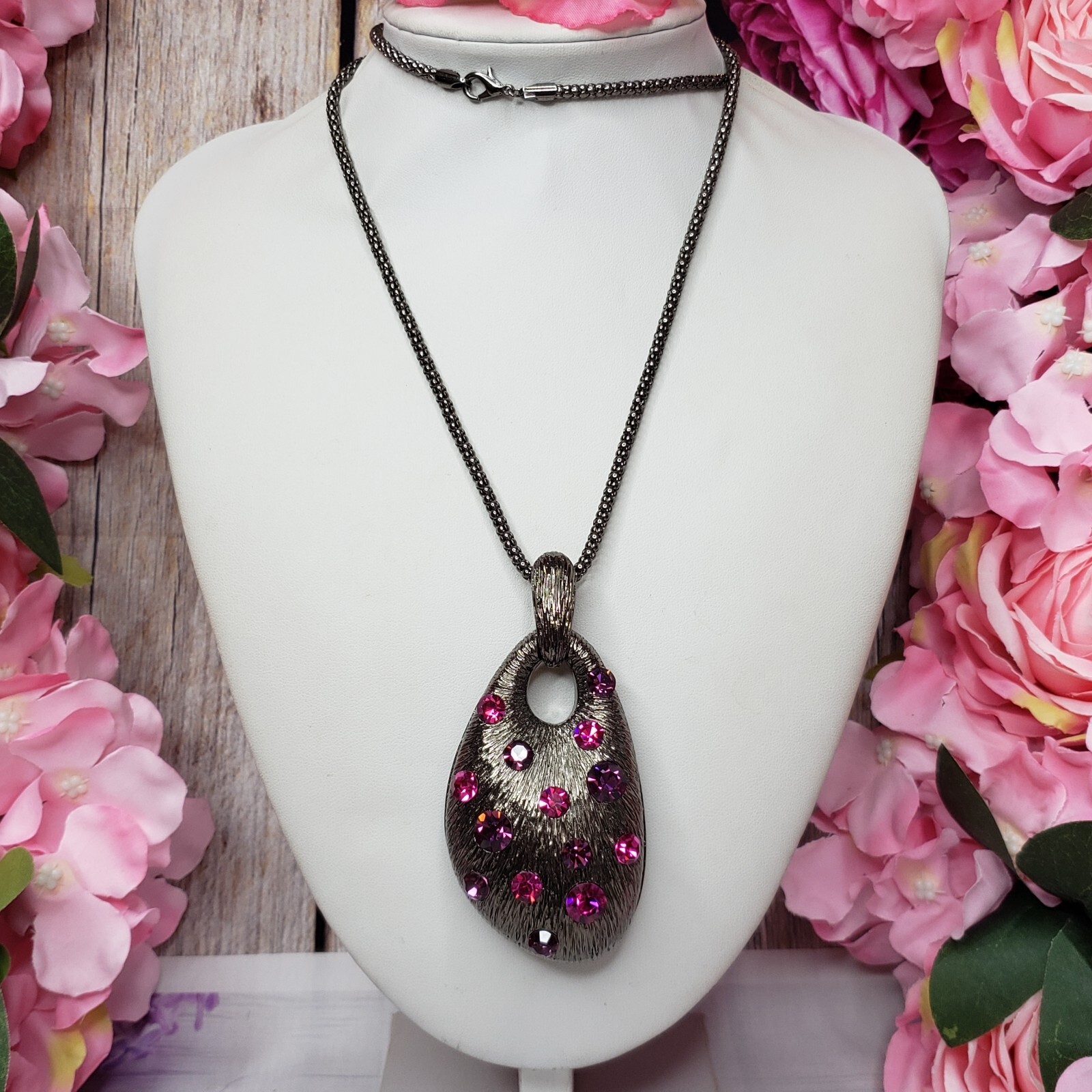 Pink Purple Rhinestone Large Pendant Necklace Gunmetal Tone Chain Statement