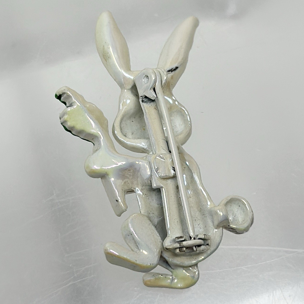 Vintage Enamel Bunny Brooch Red Eyes Carrot Figural Pin Easter Cute Retro 1.5”