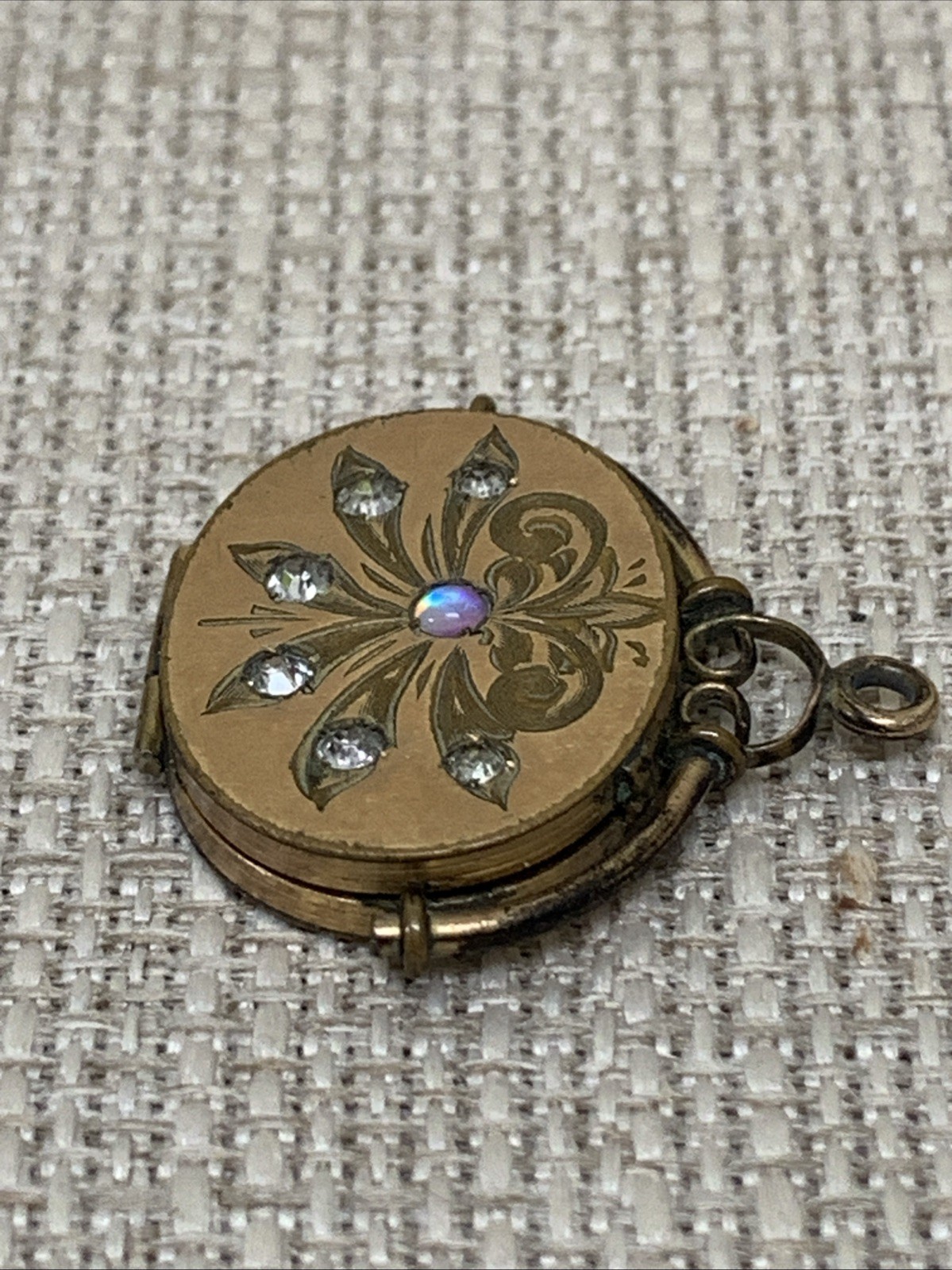 Antique Victorian French Gold Filled Engraved Oval Paste & Opal Locket Pendant