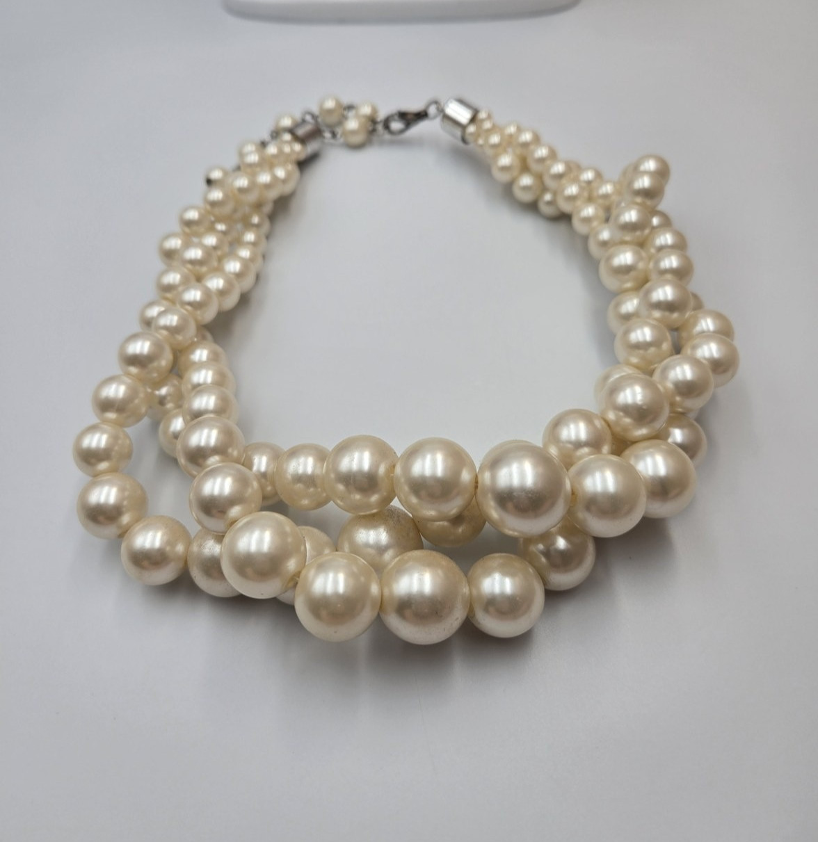 3 Strand Graduated Faux Pearl Choker Necklace Ivory color bold statement 221