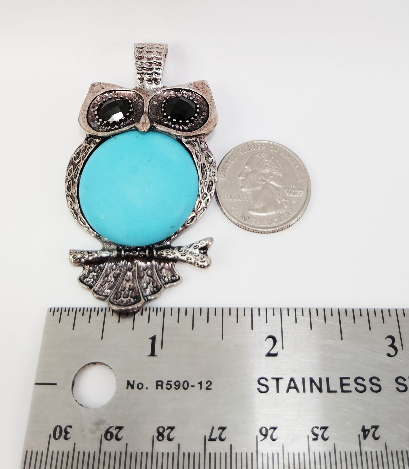 Lovely Vtg Genuine Natural Turquoise Gemstone Rhinestne Owl Design Silvr Pendant