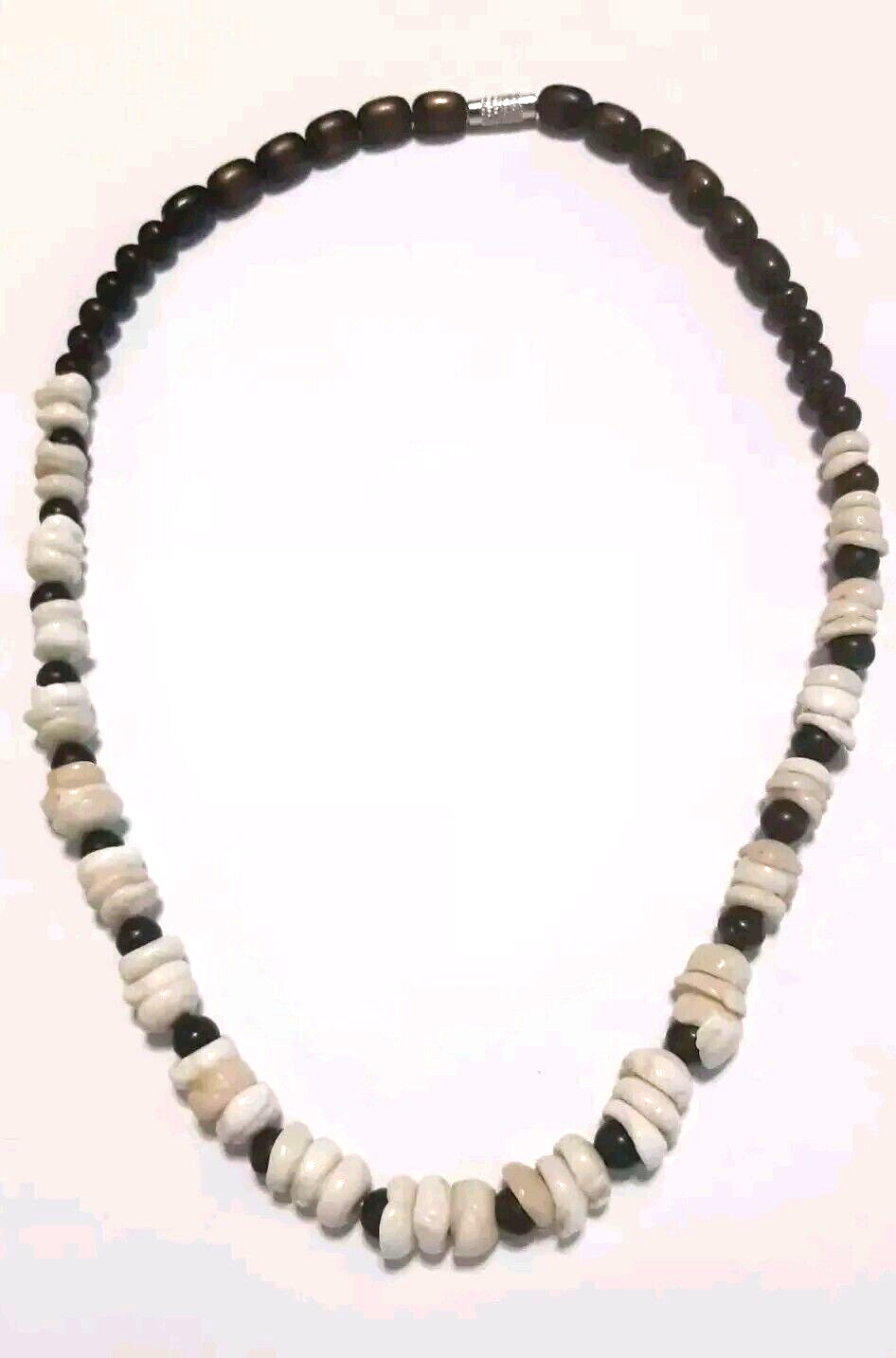 Vintage Puka Shell Necklace with Wood Bead 17.5 in