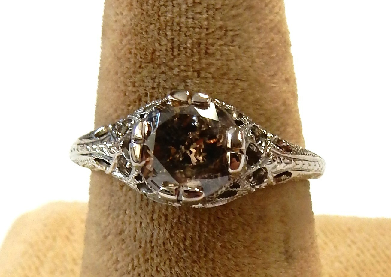 14K White Gold Filigree Ring 1.25Ct 7mm Round Champagne Diamond Solitaire