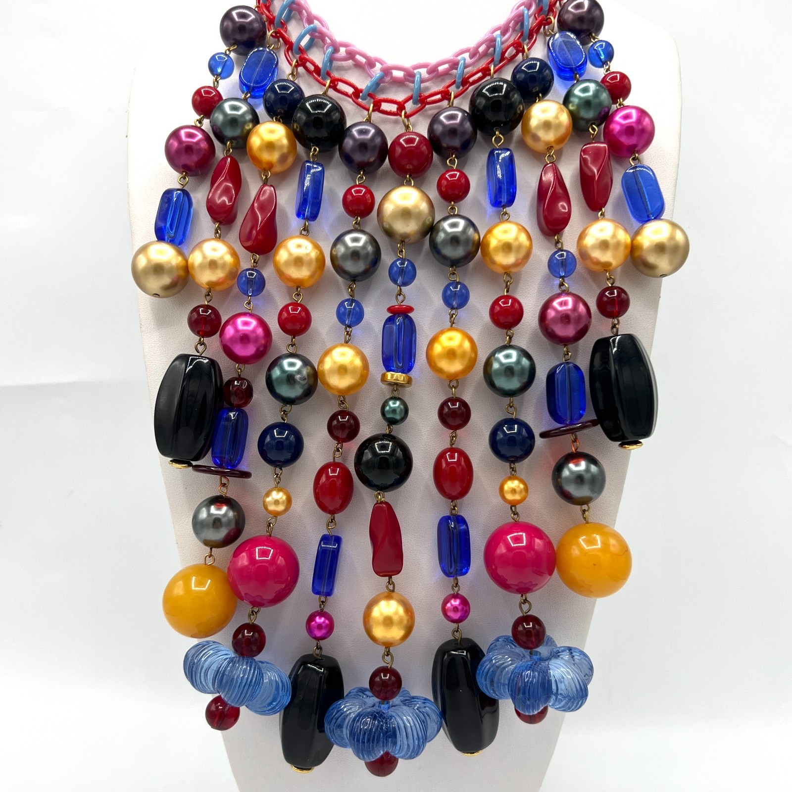 ANKA Signed Runway Statement Necklace – Wild Beaded Fringe Bib Necklace