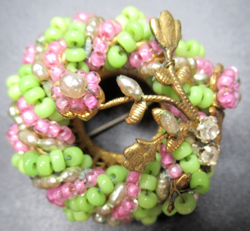MIRIAM HASKELL Pink & Green Glass Bead Vintage Pin Brooch
