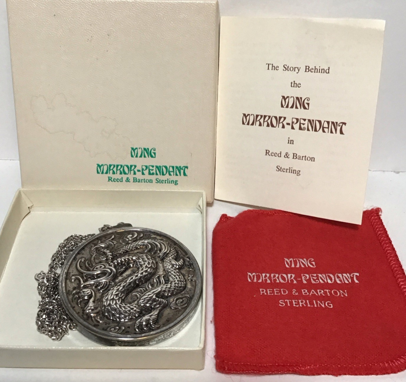 Sterling Reed & Barton Ming Dragon Mirror Pendant Necklace or Christmas Ornament
