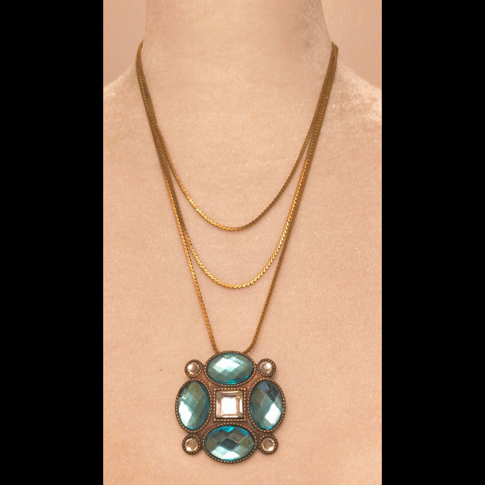 Vintage Blue Lucite Art Deco Style Convertible Brooch Pendant 3 Strand Necklace