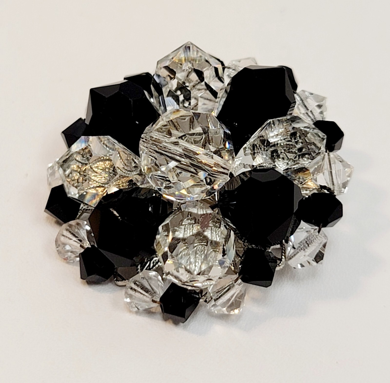 Vintage Black Clear Crystal Glass Bead Cluster Brooch
