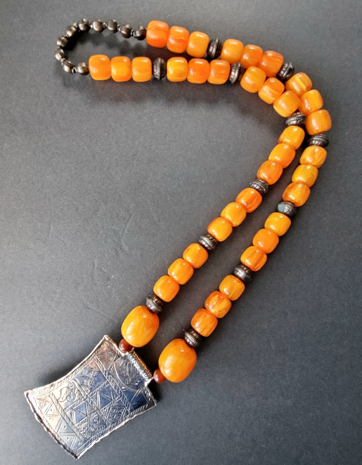 Vtg Pressed Amber Resin ? Prayer Beads Necklace Silverplate Pendant Moroccan
