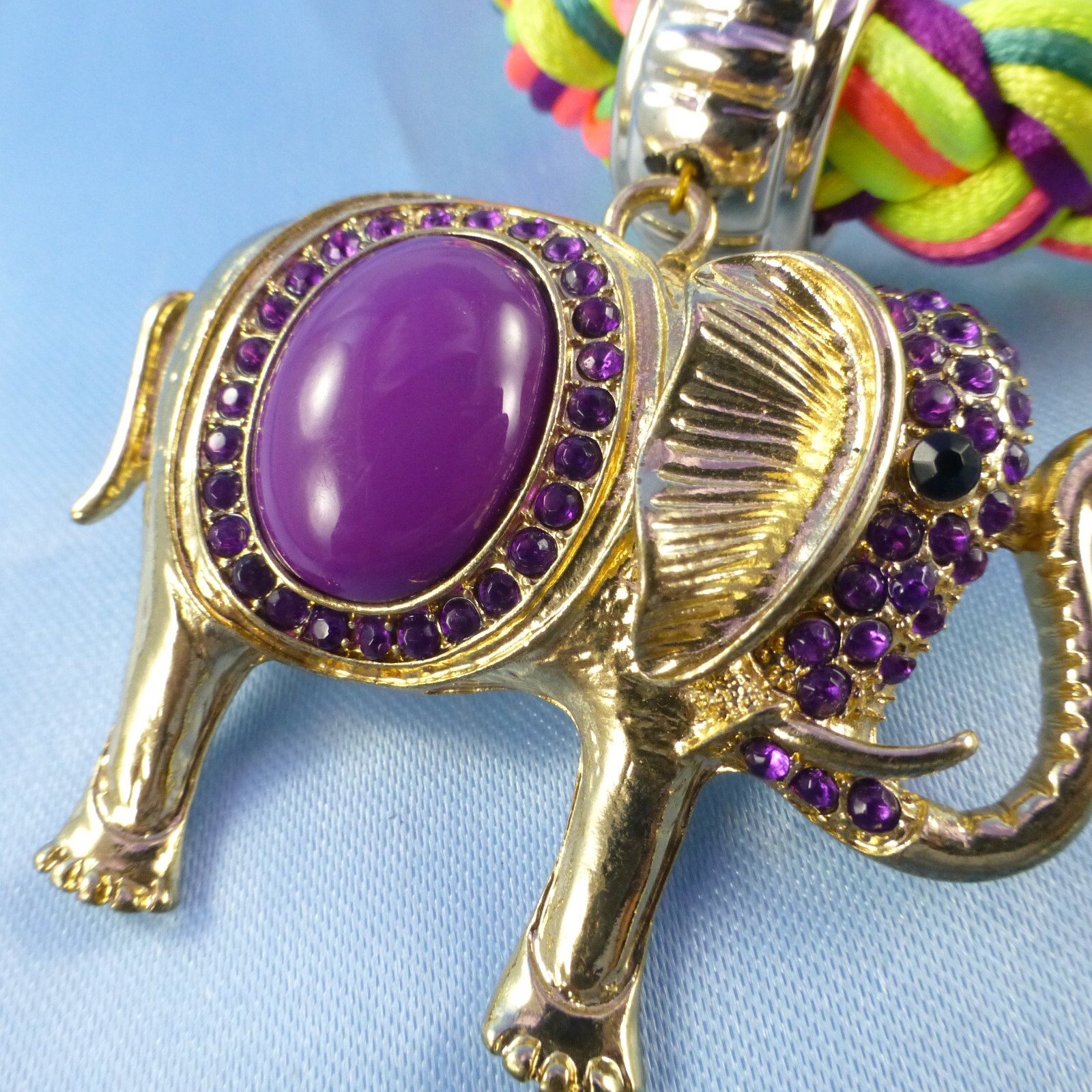 Braided Multi-color Collar Necklace & Elephant Pendant & Purple Rhinestones