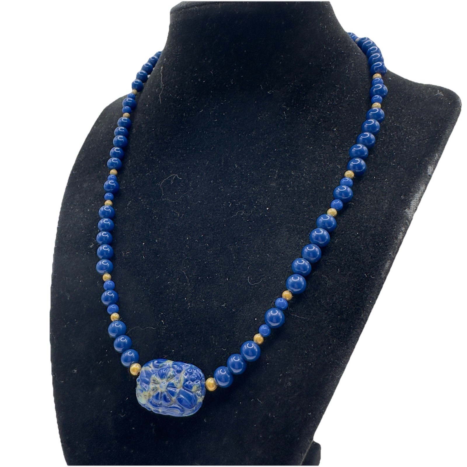 Artisan Blue Beaded Necklace Carved Floral Center Brass Hook Clasp 18″ Handmade