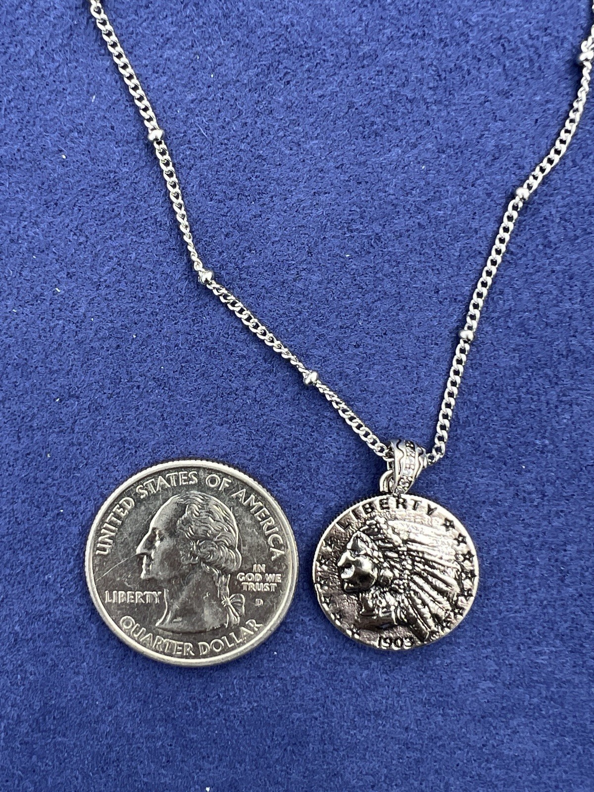 Vintage Liberty Coin Pendant Necklace Brass Coin Stainless Pepper Chain 18–20”